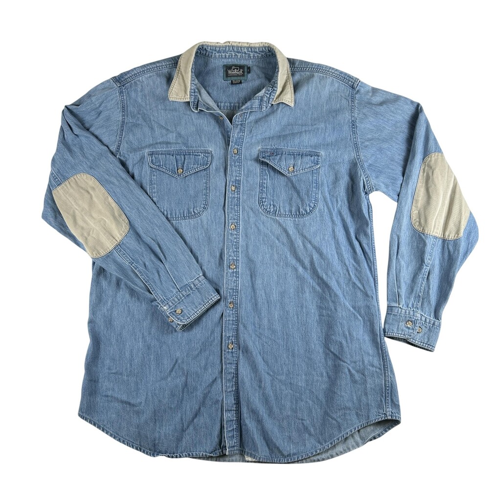 Vintage Woolrich Denim Shirt Mens XL Blue Western Elbow Patch Button Down 90s